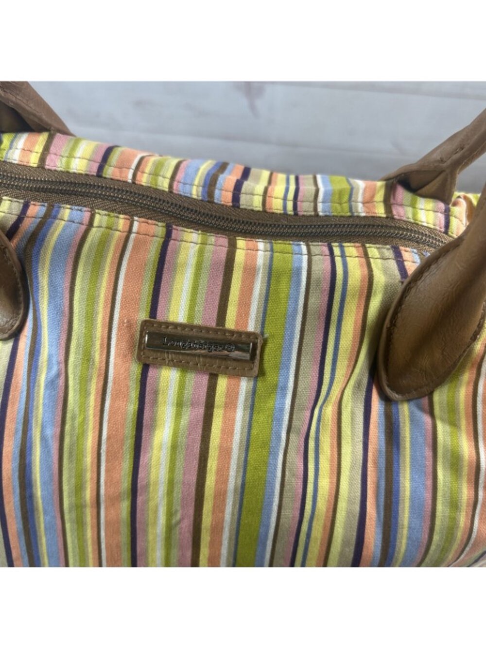 LONGABERGER Multicolor Blue Yellow Brown Stripe Weekender Tote Bag 17”x 13” - Picture 8 of 9